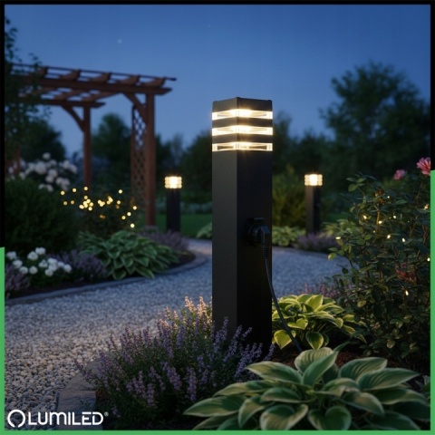 Lampa Zewnętrzna Stojąca 60cm E27 + Gniazdo 230V Słupek Czarny Taxus 2 IP44