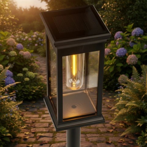 Lampka Solarna LED do Ogrodu Wbijana Mocna Słupek IP44 Ozdobna Czarna 3000K