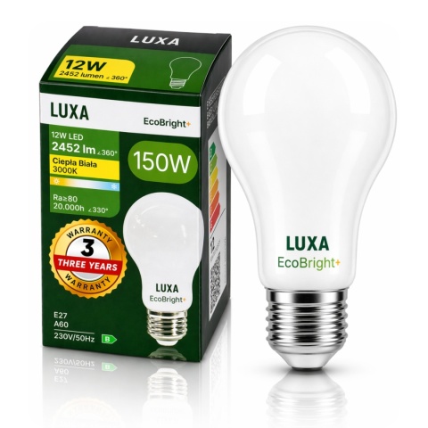ŻARÓWKA LED E27 FILAMENT KLASA B A 60 12W 2452LM = 150W 3000K LUXA EcoBright+