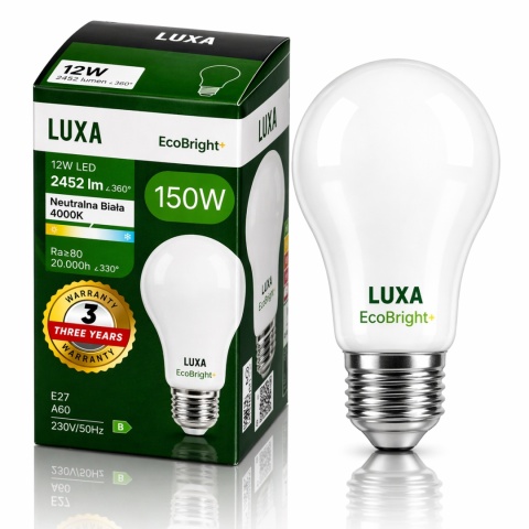 ŻARÓWKA LED E27 FILAMENT KLASA B A 60 12W 2452LM = 150W 4000K LUXA EcoBright+