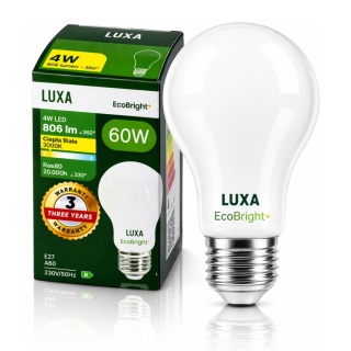 ŻARÓWKA LED E27 FILAMENT KLASA B A 60 4W 806LM = 60W 3000K LUXA EcoBright+