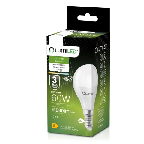 Żarówka LED E14 Kulka P45 8W 880lm Neutralna 4000K Mocna Odpowiednik 60W