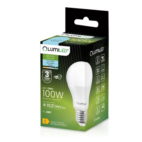 Żarówka LED E27 A60 13W = 100W 1521lm 6500K Zimna 260° LUMILED