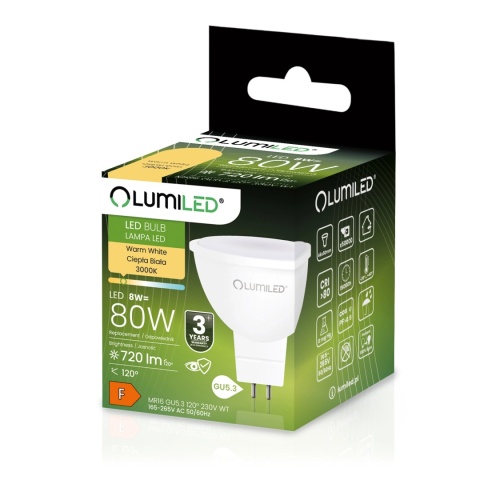 Żarówka LED GU5.3 Reflektor MR16 8W = 80W 720 lm 230V 3000K Ciepła 120°
