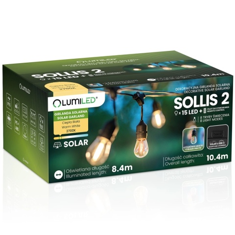 Girlanda Solarna Ogrodowa 10,4m 15x LED Żarówki Pilot Ciepła Sollis2 IP65