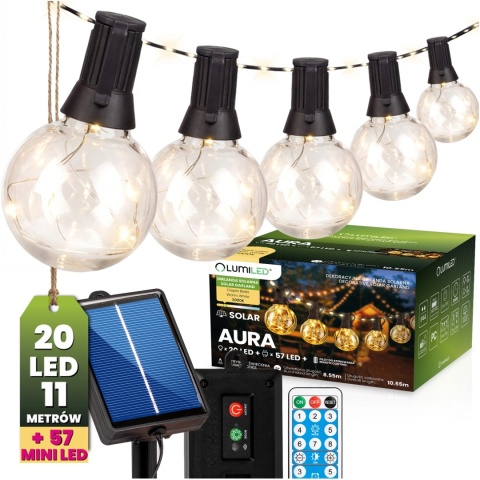 Girlanda Solarna Ogrodowa 10,55m 20x LED Żarówki Pilot Ciepła Barwa IP44