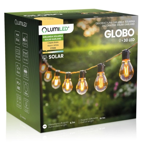 Girlanda Solarna Ogrodowa 10,7m 30 LED Żarówki Retro Ciepła Zewnętrzna