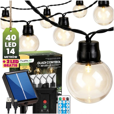 Girlanda Solarna Ogrodowa 13,6m 40x LED Kulki Pilot USB-C Timer Ciepła IP44