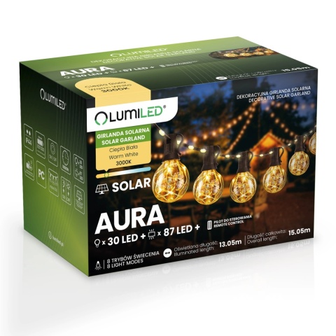 Girlanda Solarna Ogrodowa 15,05m 30x LED Żarówki Pilot Ciepła Barwa IP44