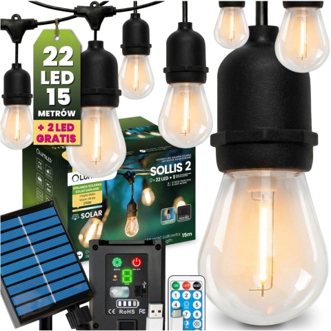 Girlanda Solarna Ogrodowa 15m 22x LED Żarówki Pilot Ciepła Sollis2 IP65