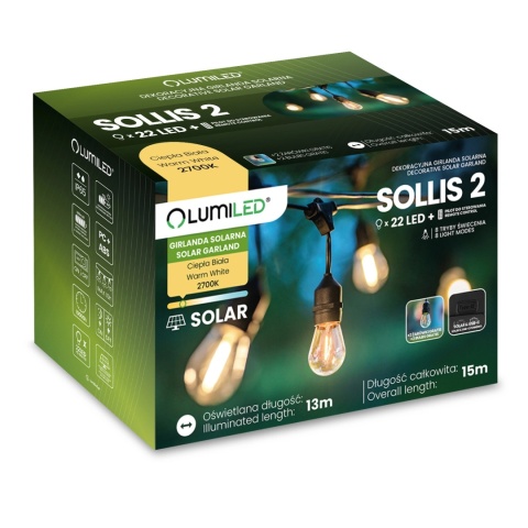Girlanda Solarna Ogrodowa 15m 22x LED Żarówki Pilot Ciepła Sollis2 IP65