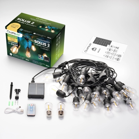 Girlanda Solarna Ogrodowa 15m 22x LED Żarówki Pilot Ciepła Sollis2 IP65