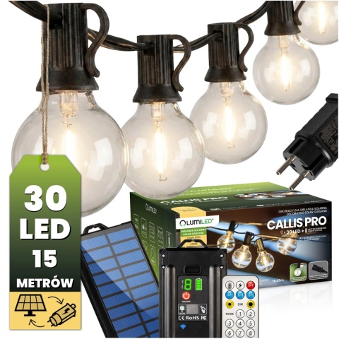 Girlanda Solarna Ogrodowa 15m 30x LED Taras Kulki Pilot 2700K Callis Pro