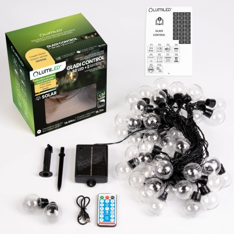 Girlanda Solarna Ogrodowa 16,7m 50 LED Kulki Pilot Timer Gladi Lumiled IP44