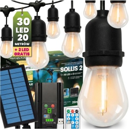 Girlanda Solarna Ogrodowa 20m 30x LED Żarówki Pilot Ciepła Sollis2 IP65