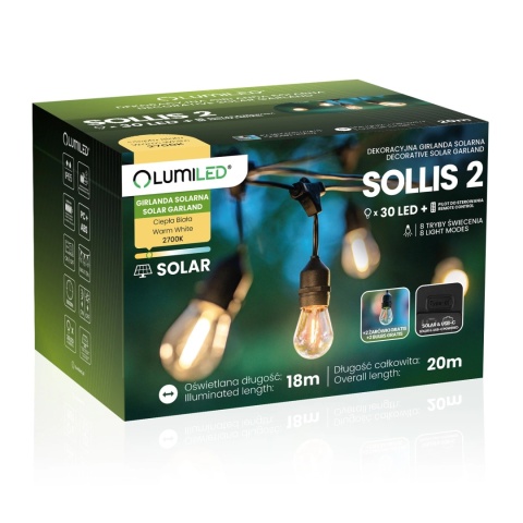 Girlanda Solarna Ogrodowa 20m 30x LED Żarówki Pilot Ciepła Sollis2 IP65