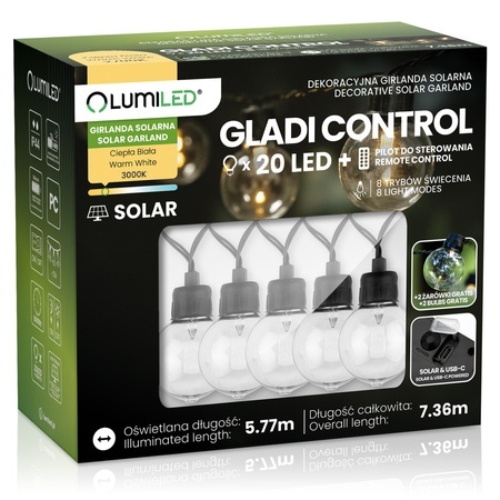 Girlanda solarna ogrodowa 20 LED 7,36m 3000K Lumiled GLADI CONTROL