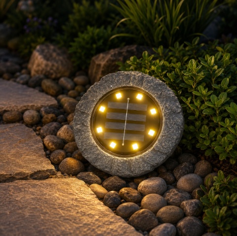 Lampa solarna kamień Rock świecąca przy ogrodowej ścieżce