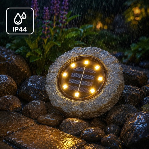 Wodoodporna lampa solarna Rock IP44 podczas deszczu