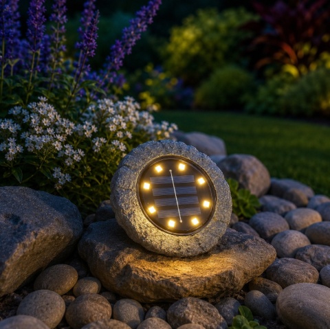 Lampa solarna Rock z ciepłym światłem 3000K w ogrodzie