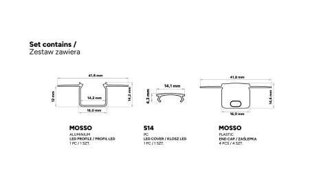Profil do LED p/t aluminiowy anodowany MOSSO srebrny, klosz mleczny PC 3m