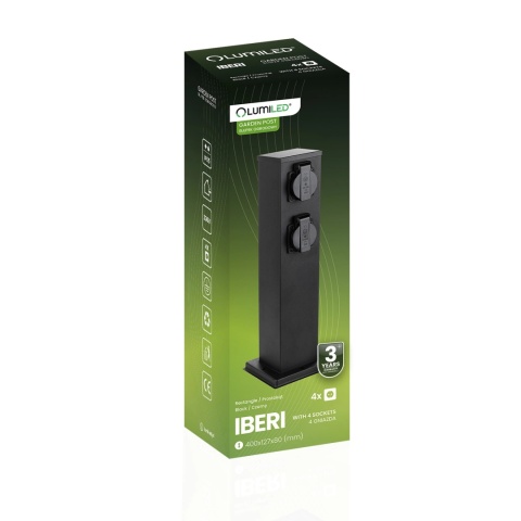 Słupek ogrodowy Lumiled IBERI 40cm 4x Gniazdo sieciowe 230V IP65/IP54 Czarn