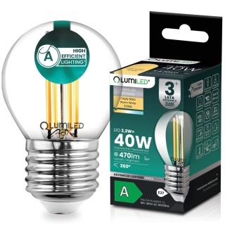 Żarówka LED E27 Filament Kulka P45 2,2W = 40W 470lm Klasa A Ciepła 2700K