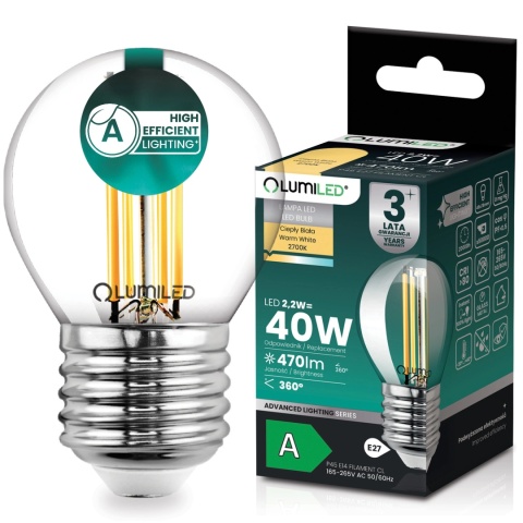 Żarówka LED E27 Filament Kulka P45 2,2W = 40W 470lm Klasa A Ciepła 2700K