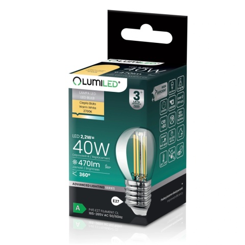 Żarówka LED E27 Filament Kulka P45 2,2W = 40W 470lm Klasa A Ciepła 2700K