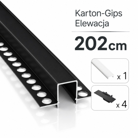 Zestaw Profil LED p/t aluminiowy czarny, klosz mleczny PC 2,02 m + 4 zaślepki MOSSO
