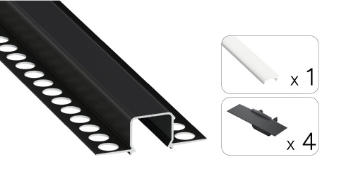 Zestaw Profil LED p/t aluminiowy czarny, klosz mleczny PC 2,02 m + 4 zaślepki MOSSO