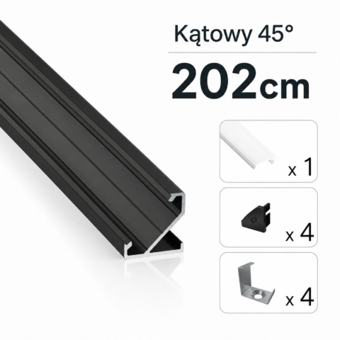 Zestaw profil LED aluminiowy kątowy 45° czarny klosz mleczny PC 2,02 m + 4 zaślepki + 4 uchwyty BARDE