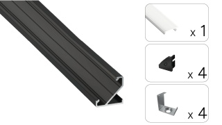 Zestaw profil LED aluminiowy kątowy 45° czarny klosz mleczny PC 2,02 m + 4 zaślepki + 4 uchwyty BARDE