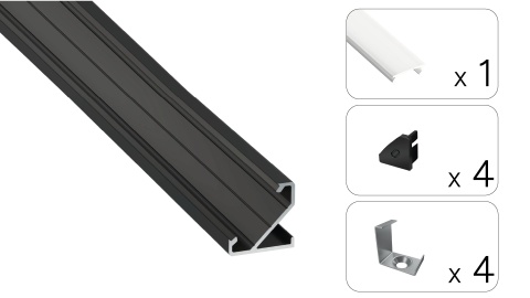 Zestaw profil LED aluminiowy kątowy 45° czarny klosz mleczny PC 2,02 m + 4 zaślepki + 4 uchwyty BARDE