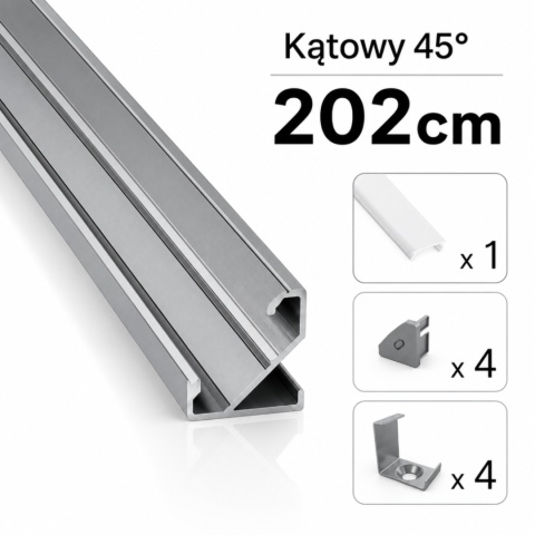 Zestaw profil LED aluminiowy kątowy 45° srebrny klosz mleczny PC 2,02 m + 4 zaślepki + 4 uchwyty BARDE