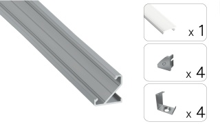 Zestaw profil LED aluminiowy kątowy 45° srebrny klosz mleczny PC 2,02 m + 4 zaślepki + 4 uchwyty BARDE