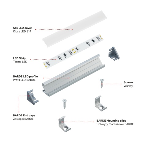Zestaw profil LED aluminiowy kątowy 45° srebrny klosz mleczny PC 2,02 m + 4 zaślepki + 4 uchwyty BARDE