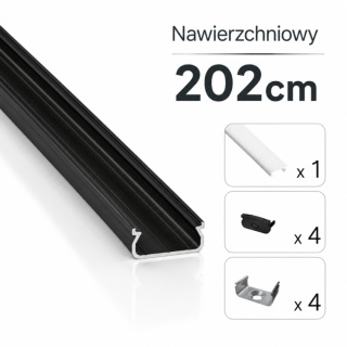 Zestaw profil LED aluminiowy nawierzchniowy czarny klosz mleczny PC 2,02 m + 4 zaślepki + 4 uchwyty ORRE