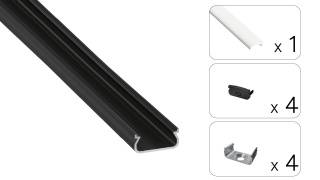 Zestaw profil LED aluminiowy nawierzchniowy czarny klosz mleczny PC 2,02 m + 4 zaślepki + 4 uchwyty ORRE