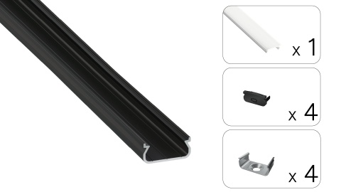 Zestaw profil LED aluminiowy nawierzchniowy czarny klosz mleczny PC 2,02 m + 4 zaślepki + 4 uchwyty ORRE