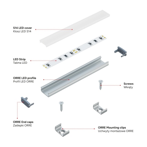 Zestaw profil LED aluminiowy nawierzchniowy czarny klosz mleczny PC 2,02 m + 4 zaślepki + 4 uchwyty ORRE