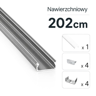 Zestaw profil LED aluminiowy nawierzchniowy srebrny klosz mleczny PC 2,02 m + 4 zaślepki + 4 uchwyty ORRE