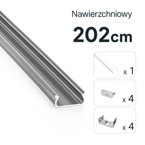 Zestaw profil LED aluminiowy nawierzchniowy srebrny klosz mleczny PC 2,02 m + 4 zaślepki + 4 uchwyty ORRE