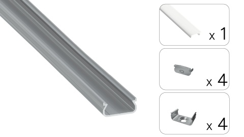 Zestaw profil LED aluminiowy nawierzchniowy srebrny klosz mleczny PC 2,02 m + 4 zaślepki + 4 uchwyty ORRE