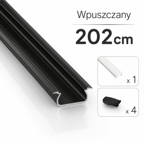 Zestaw profil LED aluminiowy wpuszczany czarny klosz mleczny PC 2,02 m + 4 zaślepki SELDE