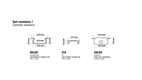 Zestaw profil LED aluminiowy wpuszczany czarny klosz mleczny PC 2,02 m + 4 zaślepki SELDE