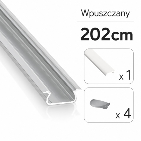 Zestaw profil LED aluminiowy wpuszczany srebrny klosz mleczny PC 2,02 m + 4 zaślepki SELDE