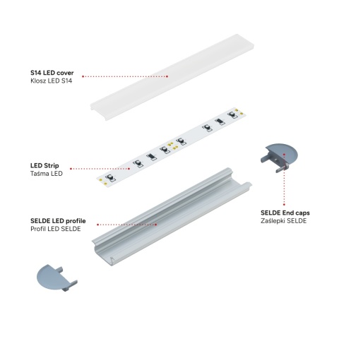 Zestaw profil LED aluminiowy wpuszczany srebrny klosz mleczny PC 2,02 m + 4 zaślepki SELDE