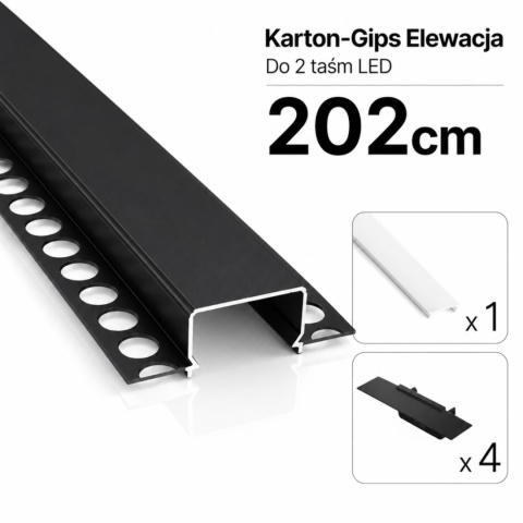 Zestaw profil LED p/t dp 2 taśm czarny klosz mleczny PC 2,02 m + klosz + 4 zaślepki HORST