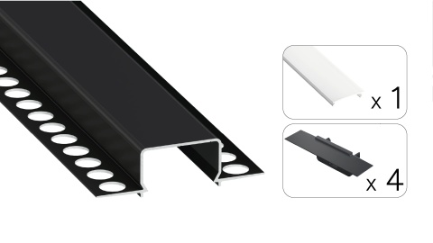 Zestaw profil LED p/t dp 2 taśm czarny klosz mleczny PC 2,02 m + klosz + 4 zaślepki HORST